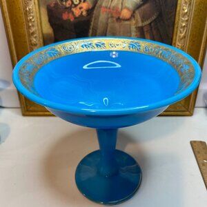Antique Blue Compote Milk Glass About 7 Inches Tall Gold Leaves Trim Design